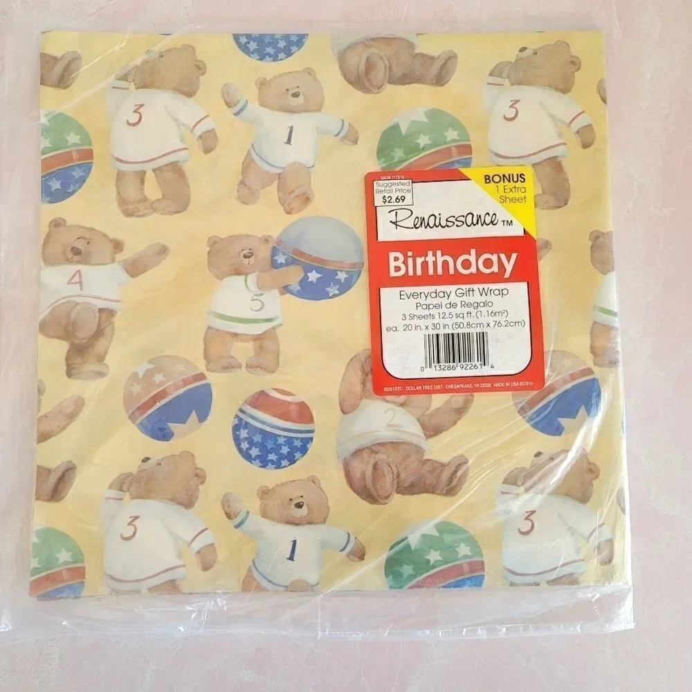 Teddy bear baseball wrapping paper sheets vintage